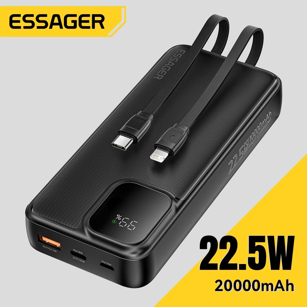 แบตเตอรี่สํารอง Essager 20000mAh 22.5W มีสายชาร์จในตัว และจอ LED