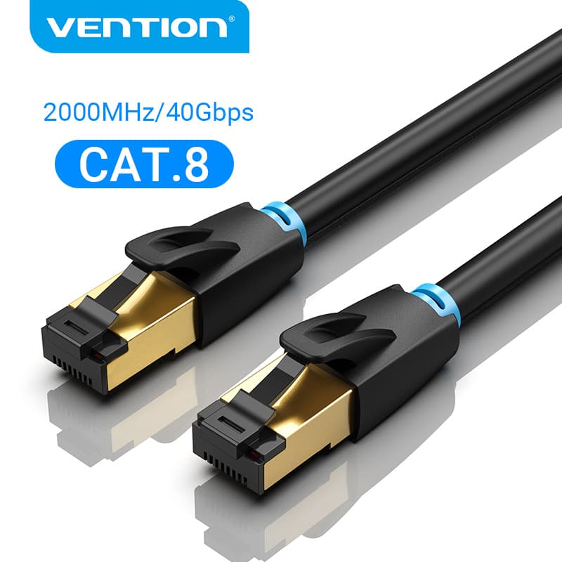 สายแลน Vention CAT8 สีดํา หัว RJ45 คลุบทองวงรอบสีฟ้า ป้าย 2000MHz 40Gbps