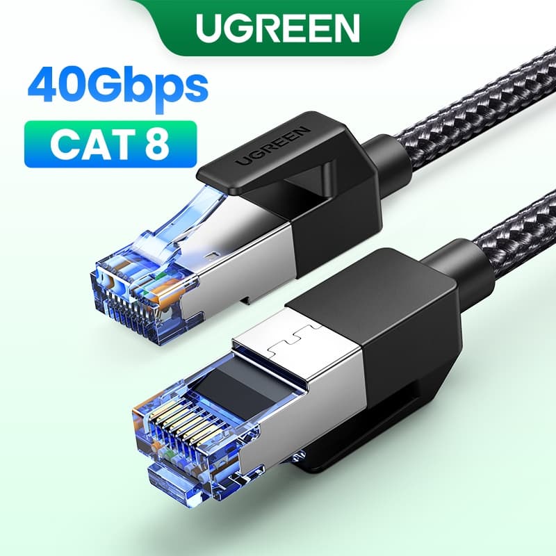 สายแลน Ugreen CAT8 ตัวสายไนล่อนถักสีเทา หัว RJ45 คลุบทองคำสองด้าน ป้าย 40Gbps CAT8